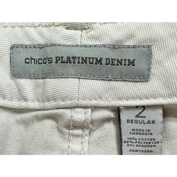Chicos Platinum Denim Jeans Size 2 (34x30) Ultimate Fit Flare Leg Tan Wash READ - Picture 3 of 9